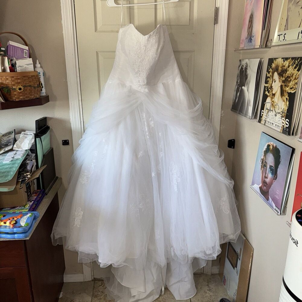 DAVID'S BRIDAL Strapless Tulle Lace Ball Gown White‎ Wedding Dress 18W Beaded - Picture 6 of 16